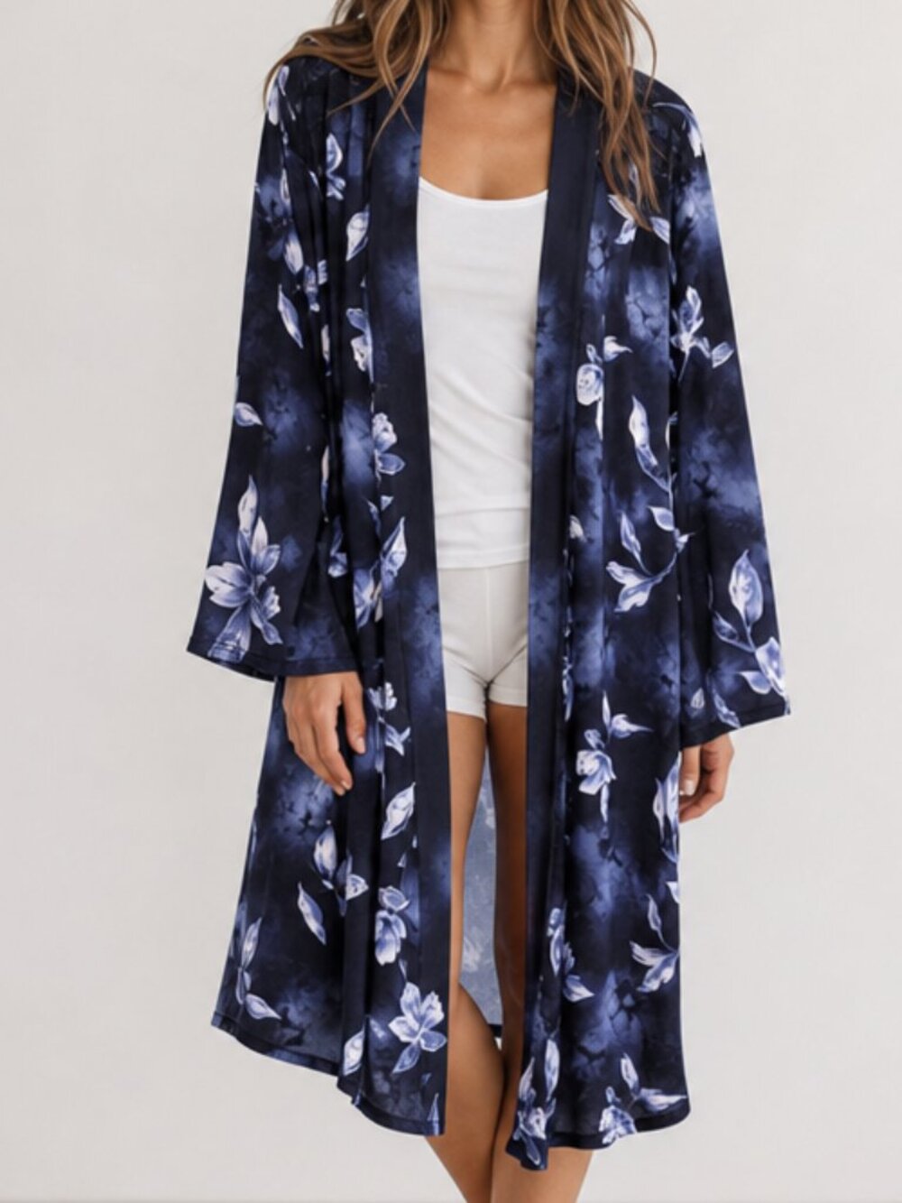 Tahari Moody Botanical Comfy Soft Blue Floral Robe Kimono No Tie Large